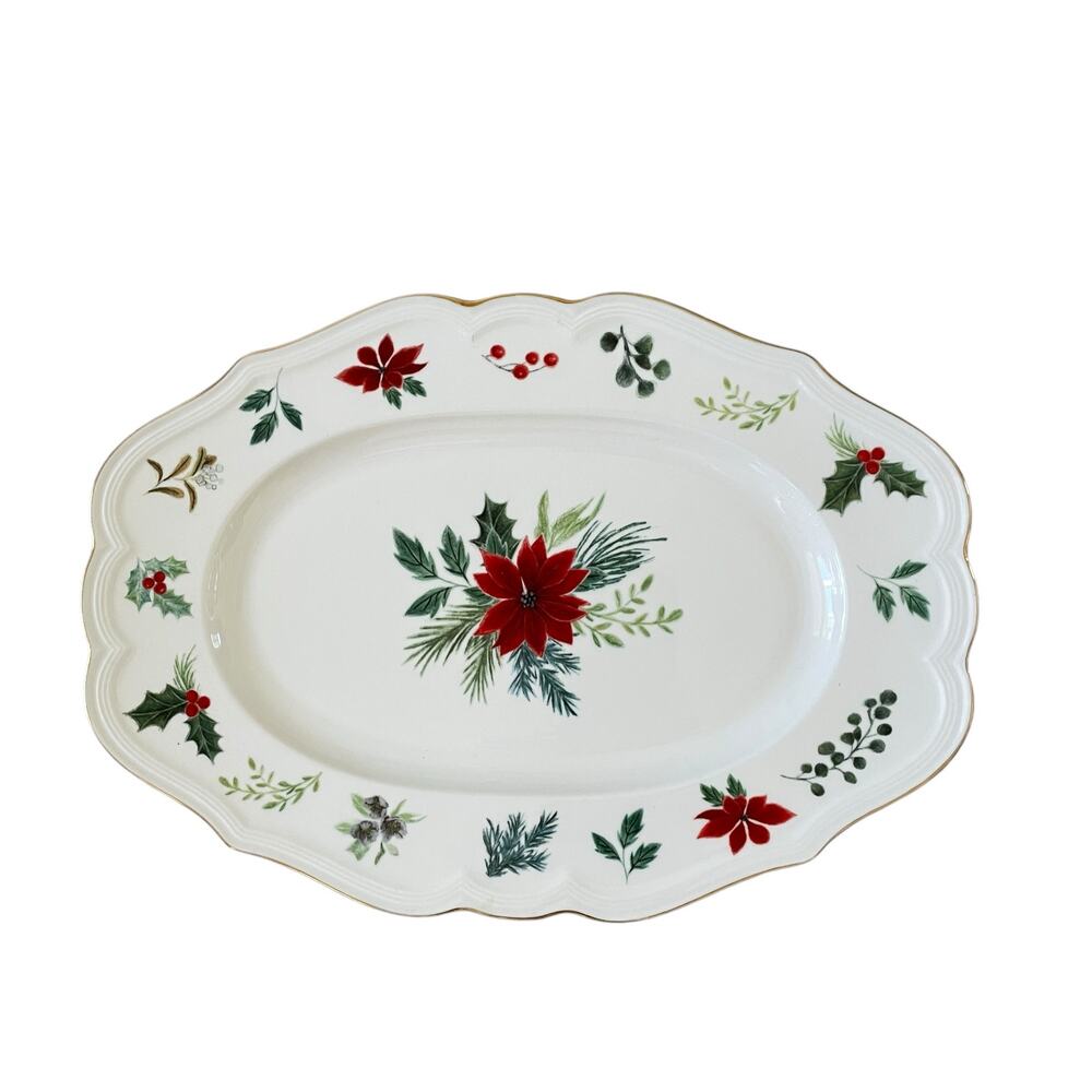 Grace Teaware Porcelain Holiday Platter 14in Oval Christmas Poinsettia NEW